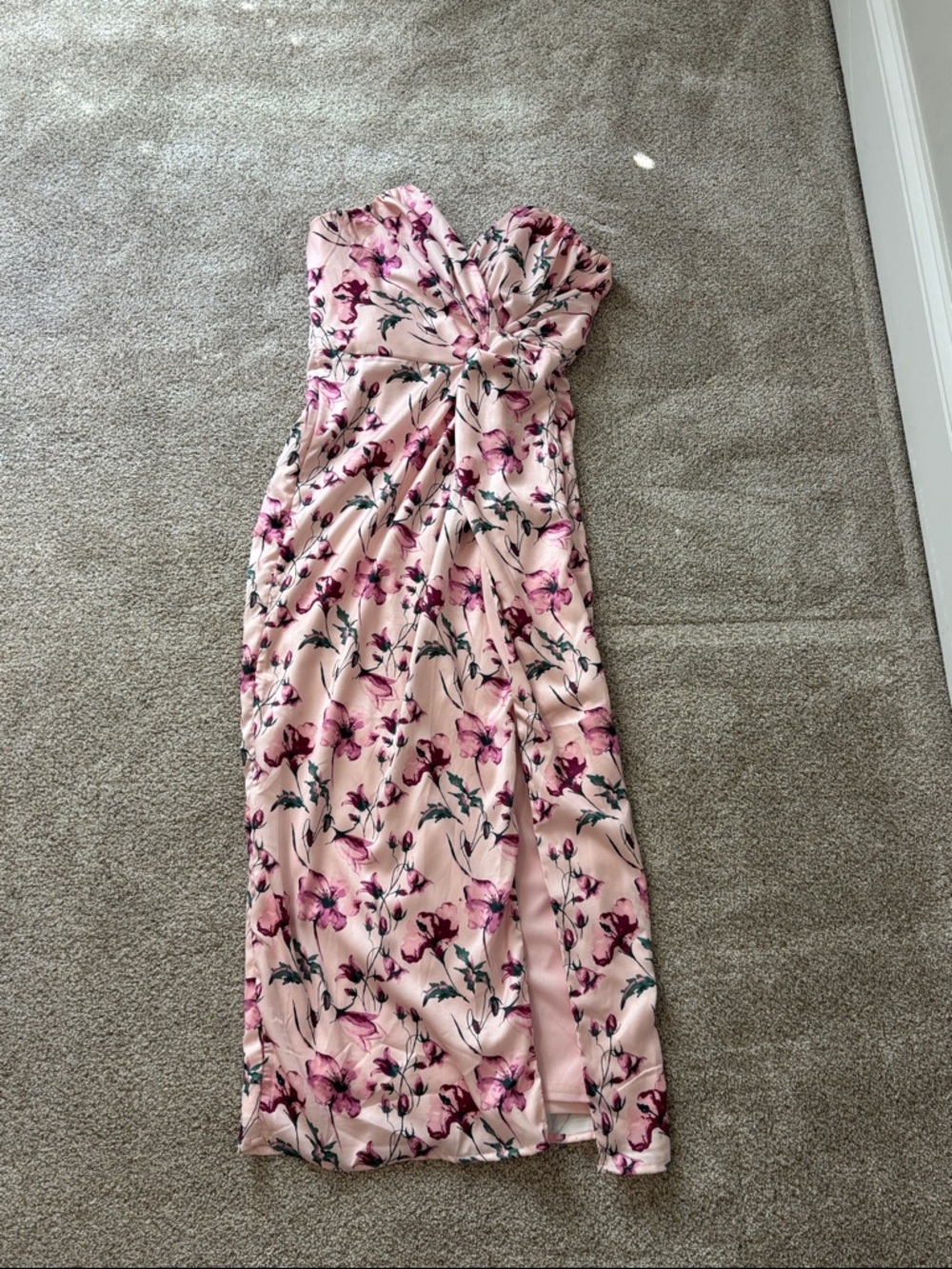 Strapless Pink Floral Twist-Front Midi Dress